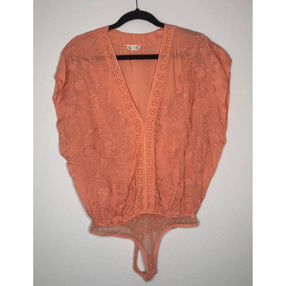 Intimately Free People Bodysuit Women M Orange Floral Embroidered Eyelet Boho